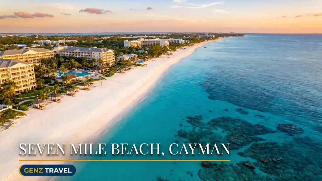 Aerial view of Seven Mile Beach on Grand Cayman with clear turquoise diving waters for UK travellers