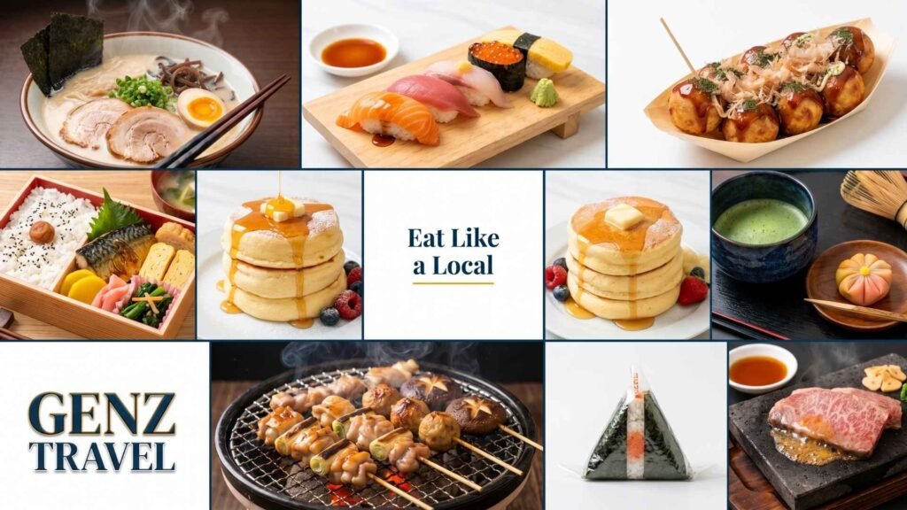 Japanese food collage with ramen, sushi and street food showing daily food budget for Japan travel from UK