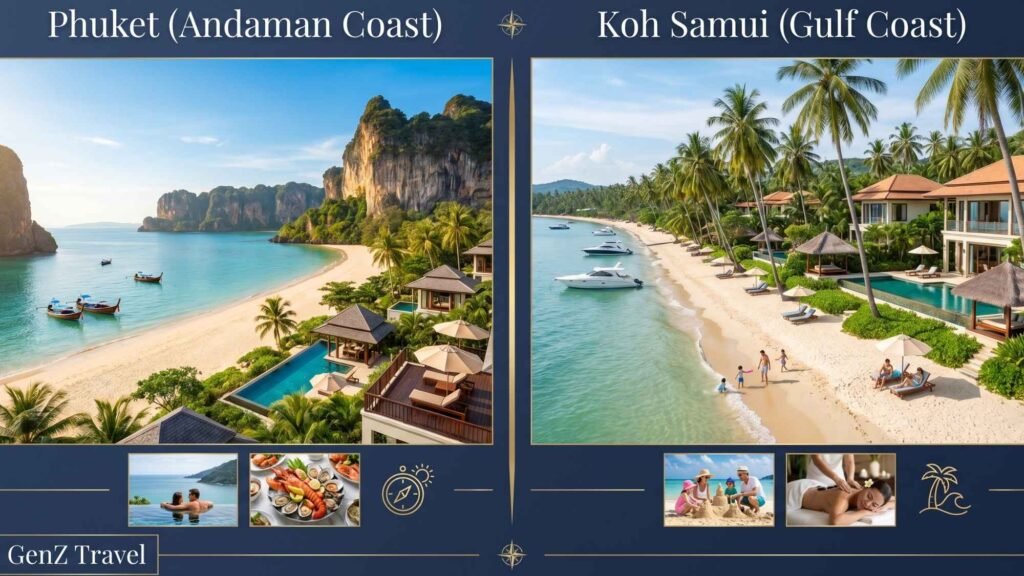 Phuket Andaman coast versus Koh Samui Gulf coast seasonal weather comparison for Thailand travel planning
