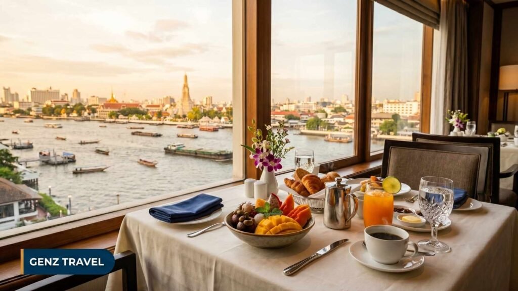 Hotel breakfast table with Chao Phraya River views at a Bangkok Thailand riverside hotel in the morning