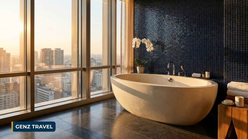 Luxury hotel bathroom with freestanding bathtub and Bangkok city views representing premium stays in Bangkok Thailand