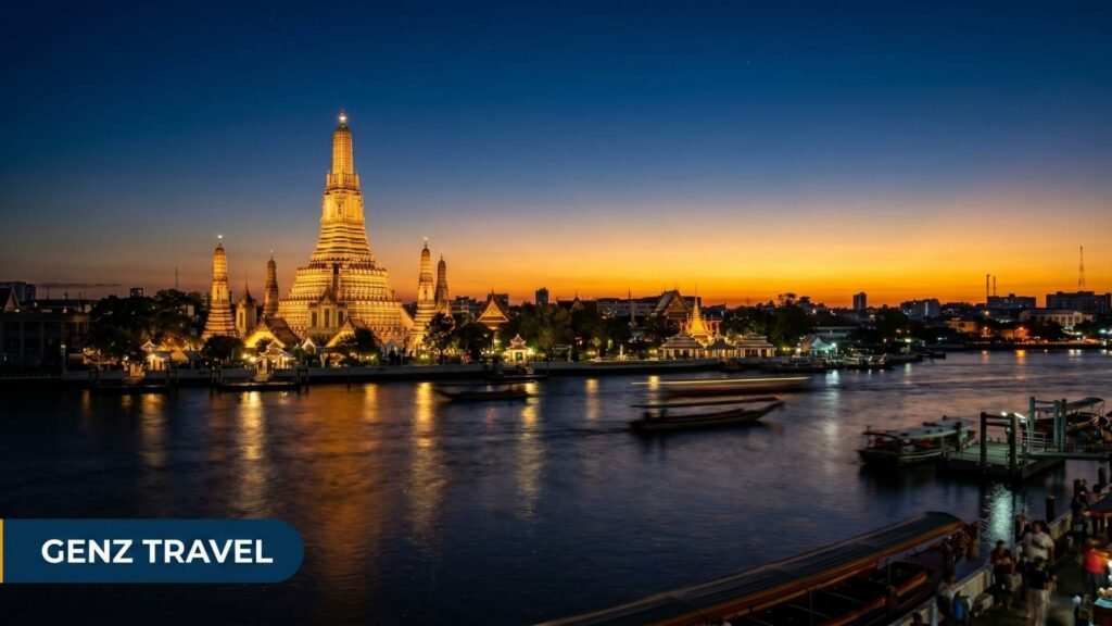 Wat Arun temple in Bangkok Thailand at blue hour close to riverside hotels and the Chao Phraya River