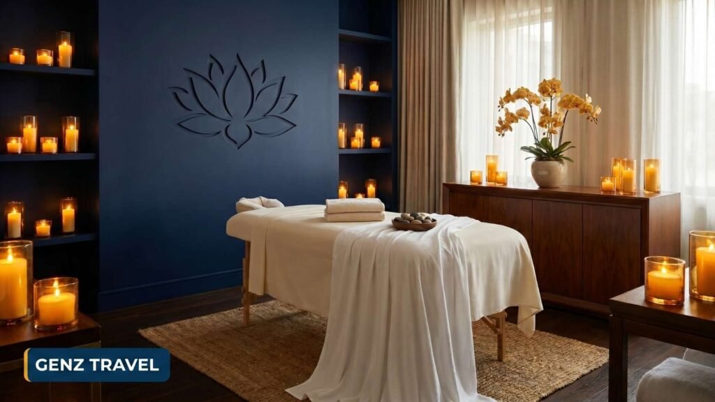 Luxury hotel spa treatment room in Bangkok Thailand with candlelight and tropical decor