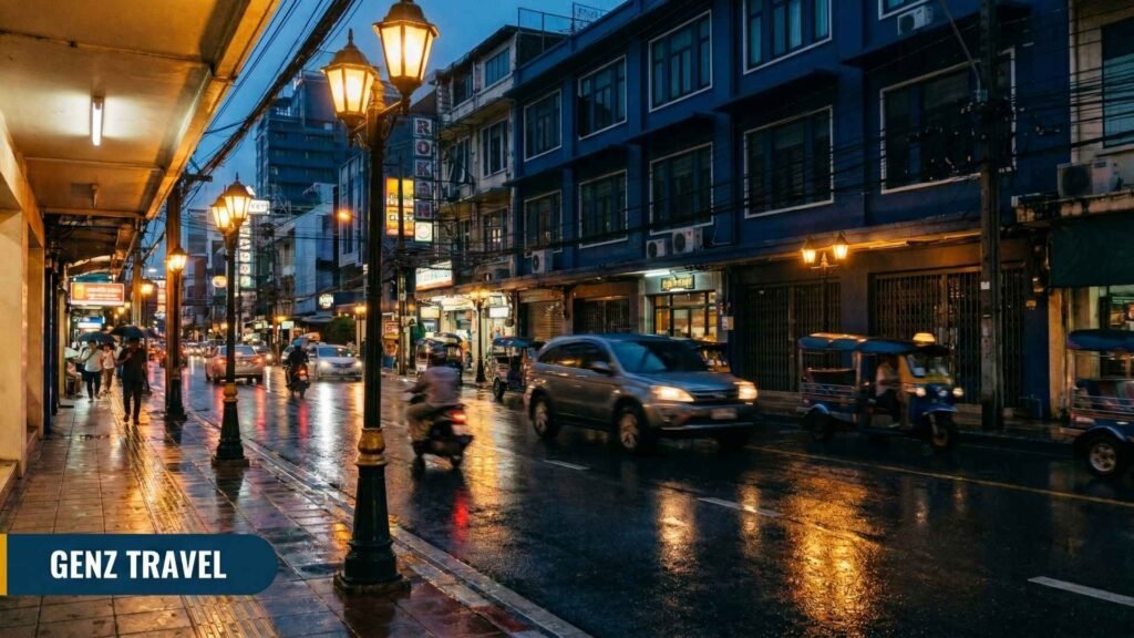 Sukhumvit street in Bangkok Thailand at dusk showing the area where most tourists stay near BTS stations