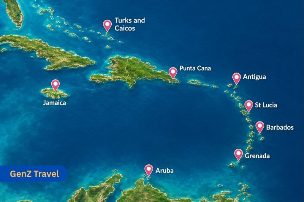 A clean map-style graphic showing the Caribbean region with labels for Barbados, St Lucia, Antigua, Jamaica, Punta Cana and Grenada.