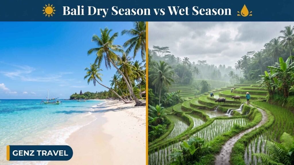Split image comparing Bali dry season sunshine and wet season rainfall