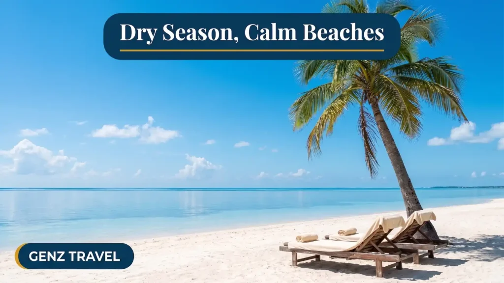 Calm Caribbean beach under clear blue skies with empty loungers, illustrating the dry season from December to April.