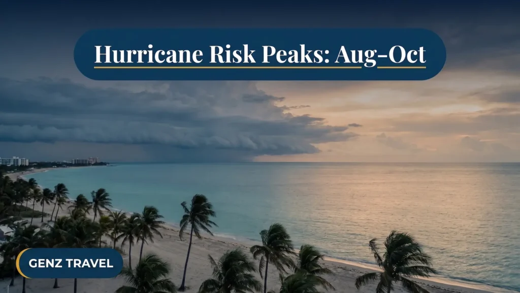 Moody coastal Caribbean sky with building storm clouds, representing peak hurricane risk between August and October.