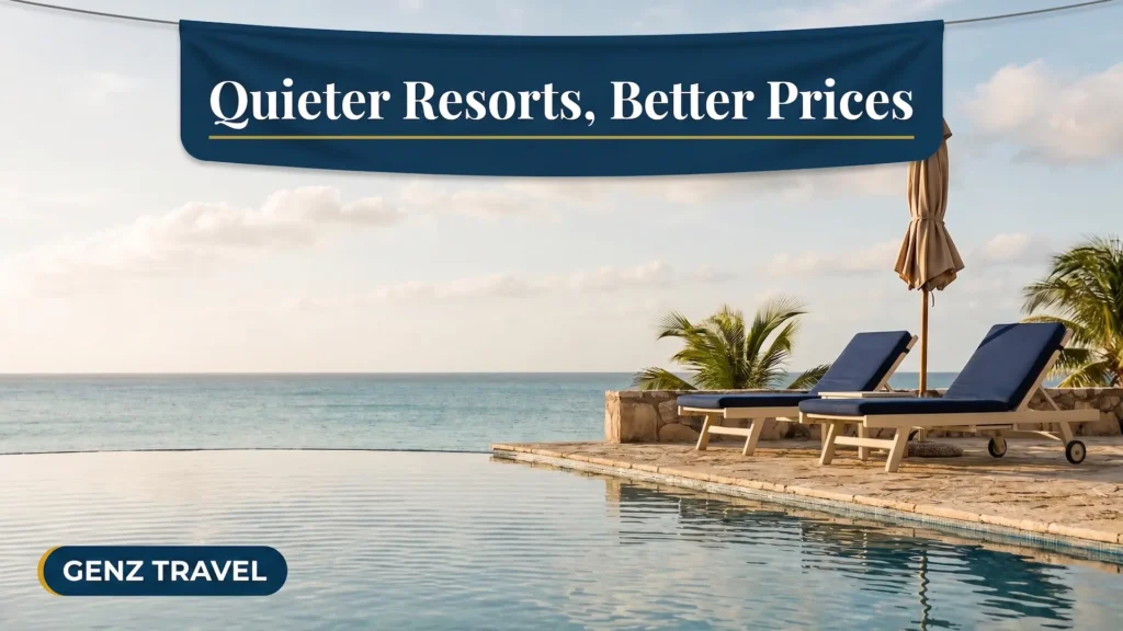 Quiet upscale Caribbean resort pool in late spring with empty loungers, reflecting the quieter, better-value May and June shoulder season.