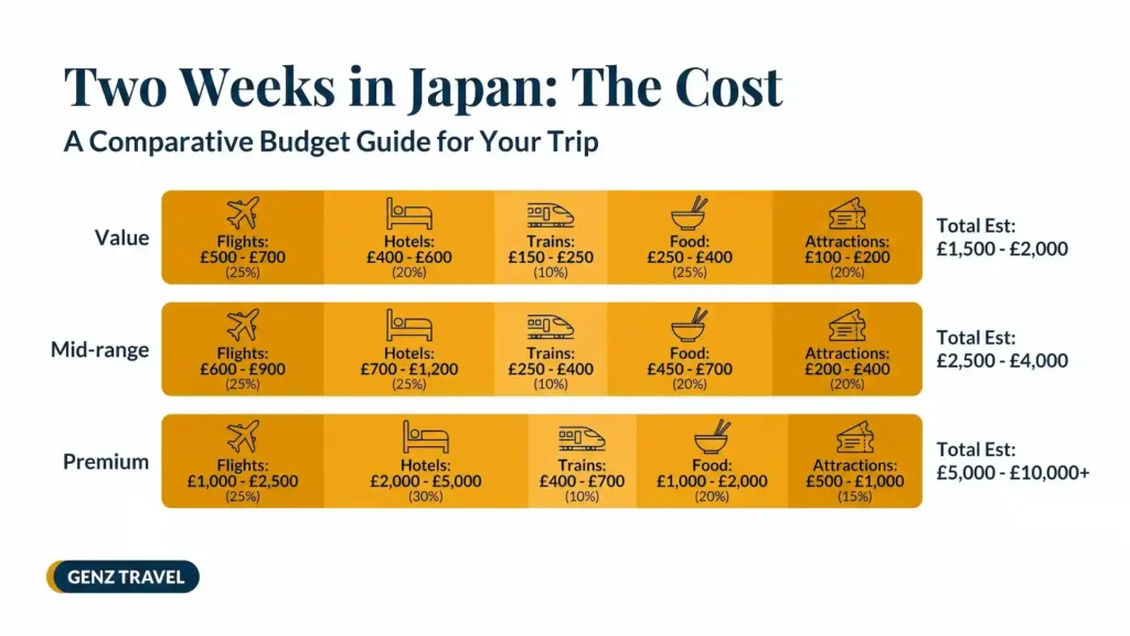 Infographic comparing value, mid-range and premium two weeks in Japan costs from the UK