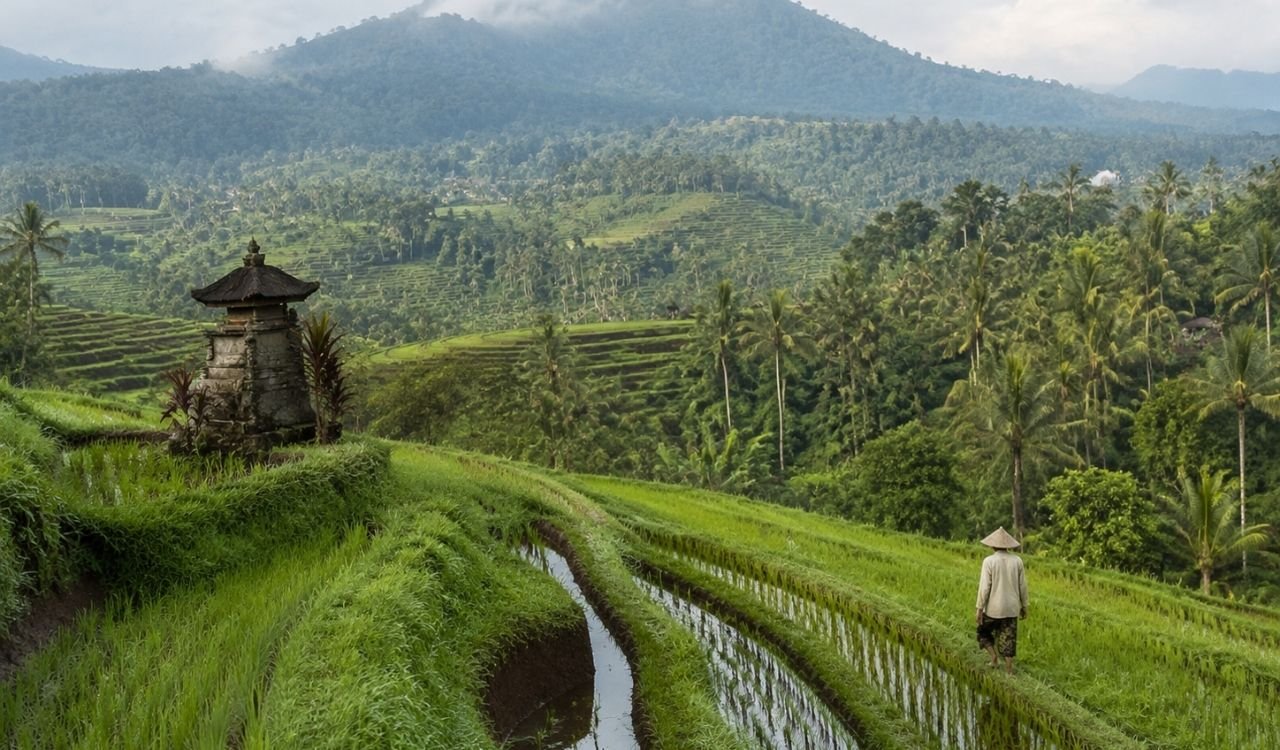Farmer walking through lush Bali rice terraces with a traditional shrine and misty mountains in Indonesia