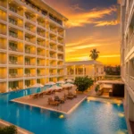 Luxury resort pool area at sunset with illuminated hotel buildings and tropical surroundings in Phuket, Thailand