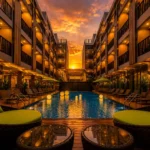 Modern Phuket resort swimming pool with illuminated buildings and sunset sky in Thailand