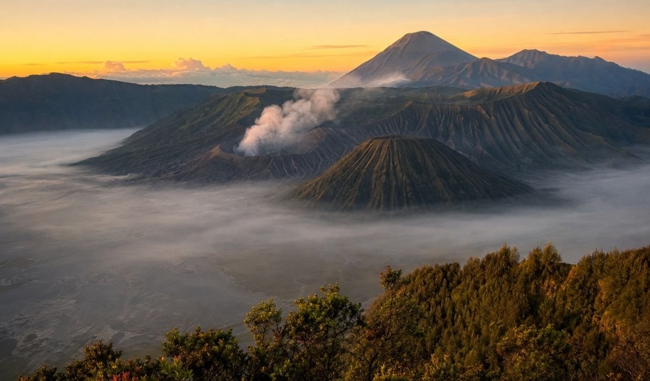 Mount Bromo releasing volcanic smoke above the misty Tengger Caldera at sunrise in Indonesia