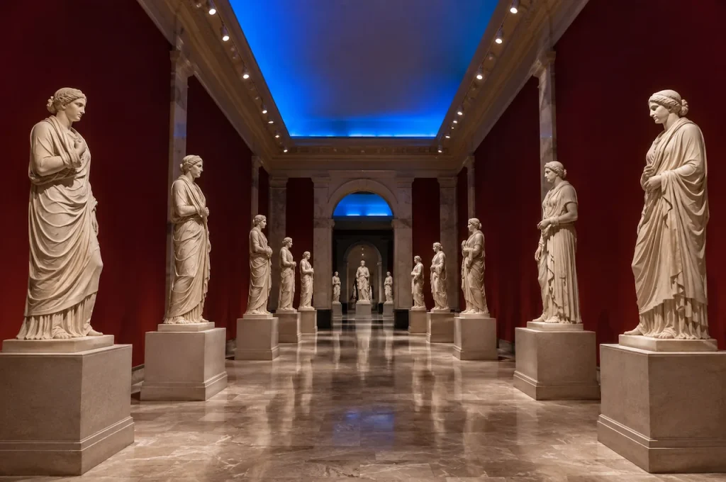 Ancient marble statues displayed inside Antalya Archaeological Museum.