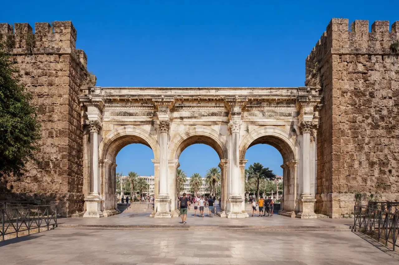 Hadrian’s Gate and its three marble arches at the entrance to Antalya’s Kaleiçi Old Town.