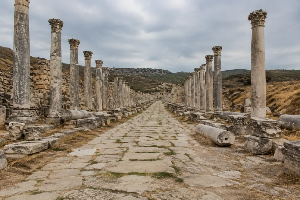 Panoramic view of the ancient Roman theatre and decorated stage at Hierapolis, Turkey.