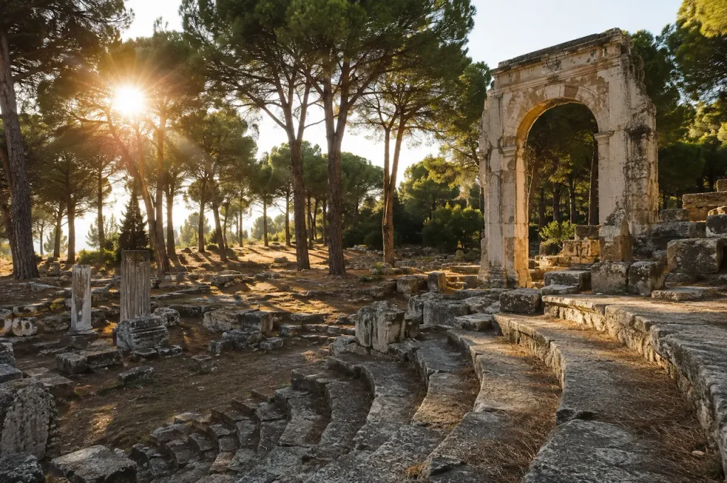 Ancient stone arch and ruins surrounded by pine trees at Termessos near Antalya.