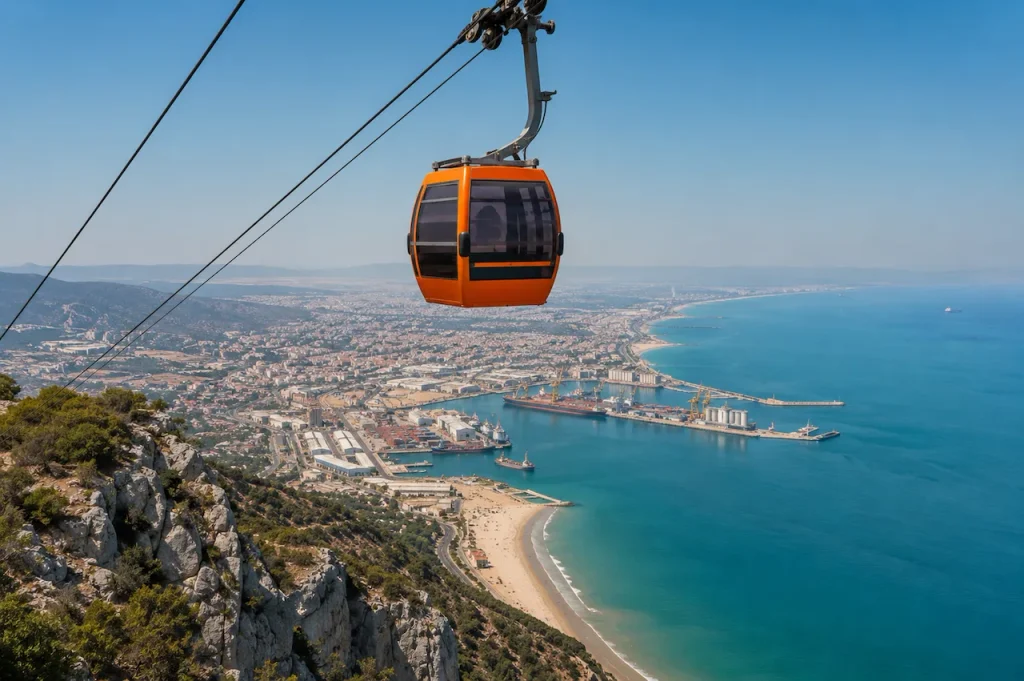 Orange Tünektepe cable car overlooking Antalya’s coastline and Mediterranean Sea.