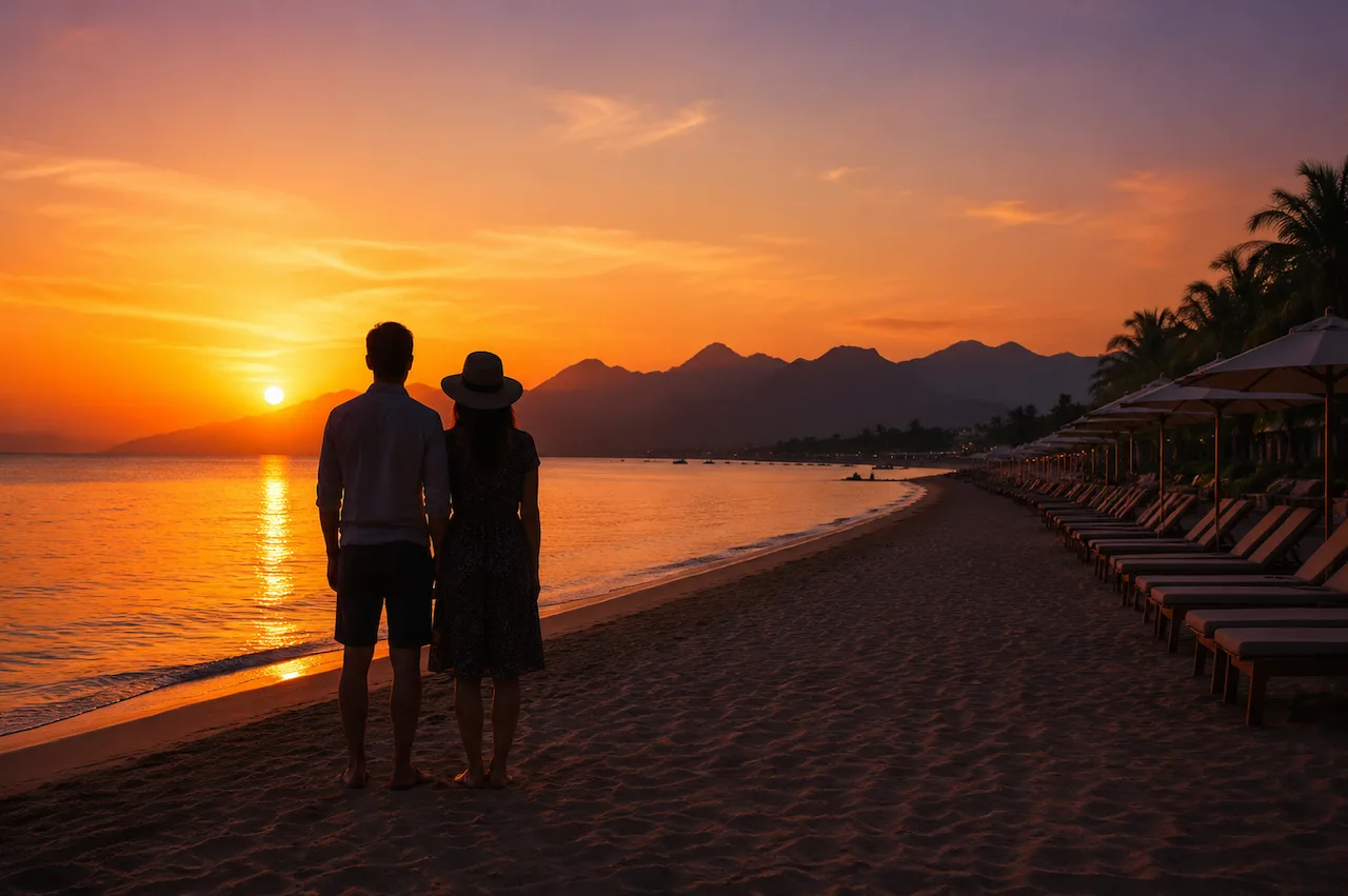 Couple watching an orange sunset from a beach backed by mountains in Antalya, Turkey.