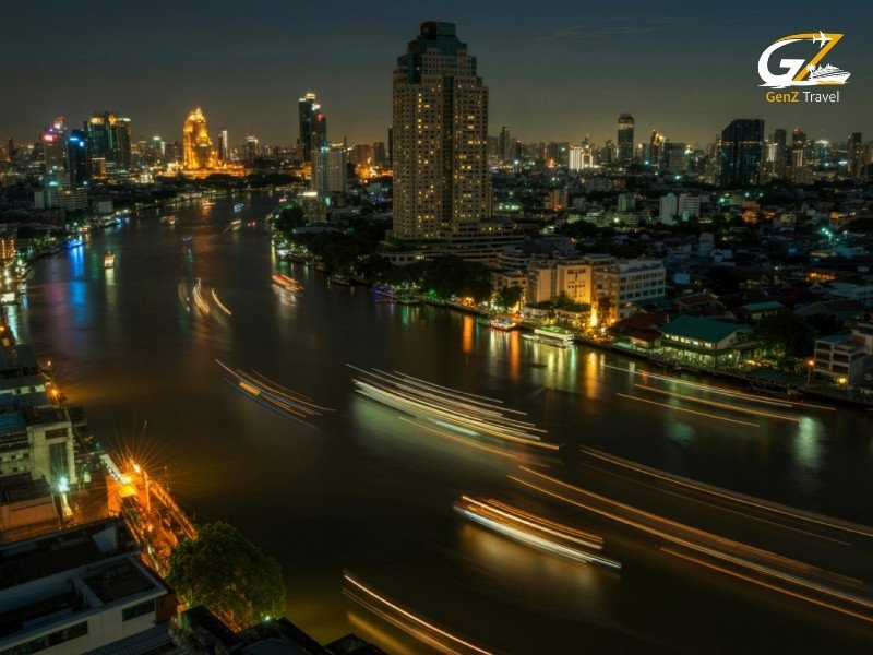 Bangkok city skyline at night with glowing skyscrapers and vibrant urban lights Thailand capital city