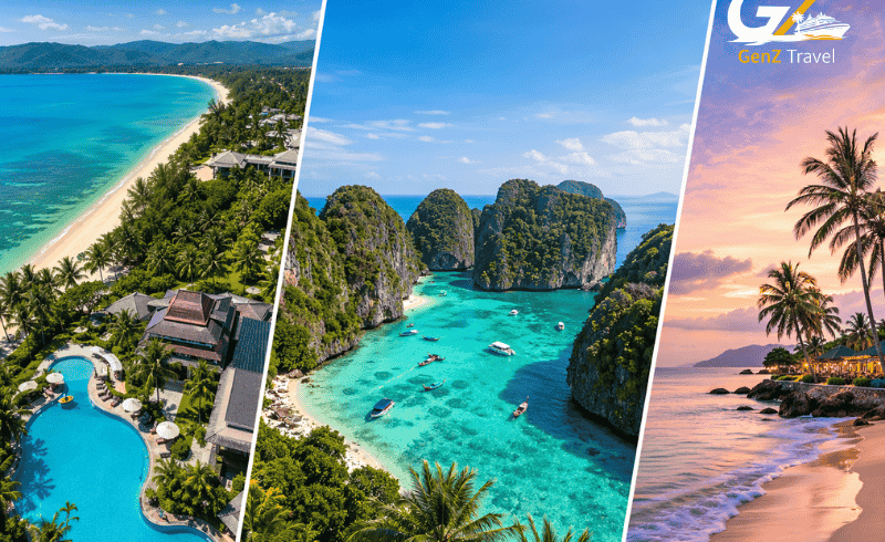 Luxury Thailand tour package collage showing Phuket beach resorts, Phi Phi Island limestone cliffs, and Khao Lak sunset coastline split into three scenic panels