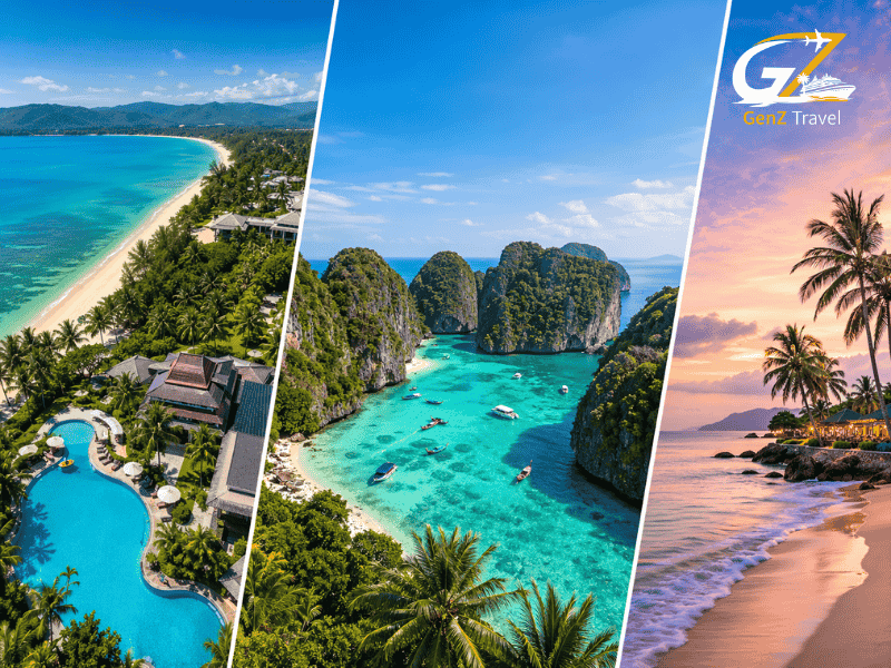Luxury Thailand tour package collage showing Phuket beach resorts, Phi Phi Island limestone cliffs, and Khao Lak sunset coastline split into three scenic panels