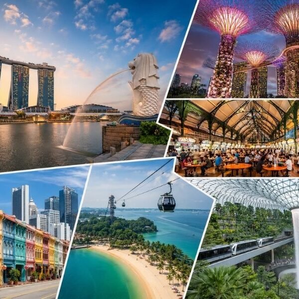 Singapore holidays 2026 collage featuring Marina Bay Sands skyline, Gardens by the Bay Supertrees, Sentosa Island beach, Chinatown streets, and Jewel Changi Airport waterfall showcasing top Singapore tour attractions
