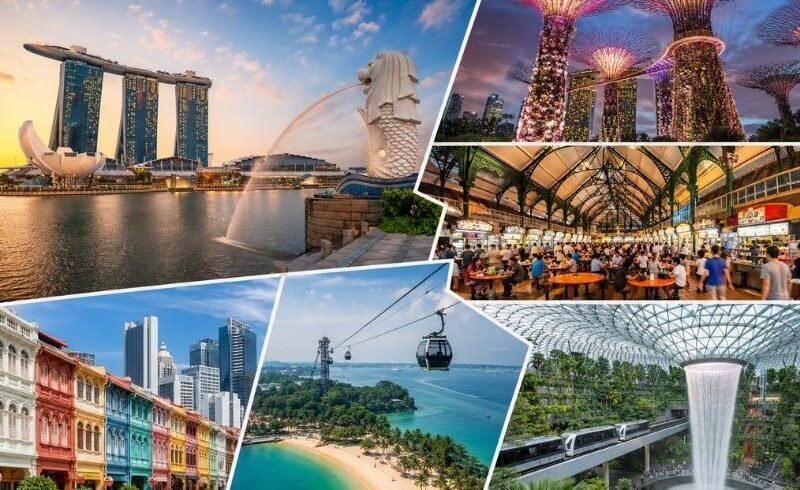 Singapore holidays 2026 collage featuring Marina Bay Sands skyline, Gardens by the Bay Supertrees, Sentosa Island beach, Chinatown streets, and Jewel Changi Airport waterfall showcasing top Singapore tour attractions