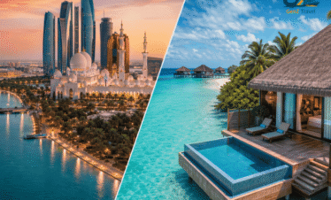Abu Dhabi Maldives twin centre holiday showing skyline of Abu Dhabi and luxury overwater villa in Maldives