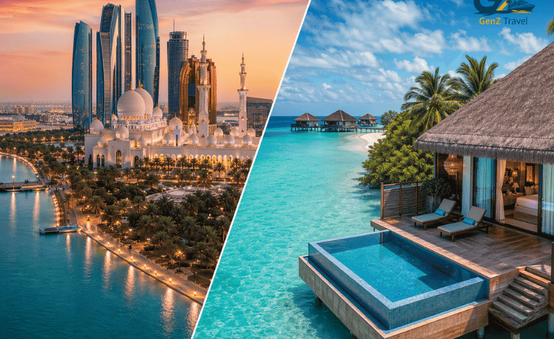 Abu Dhabi Maldives twin centre holiday showing skyline of Abu Dhabi and luxury overwater villa in Maldives