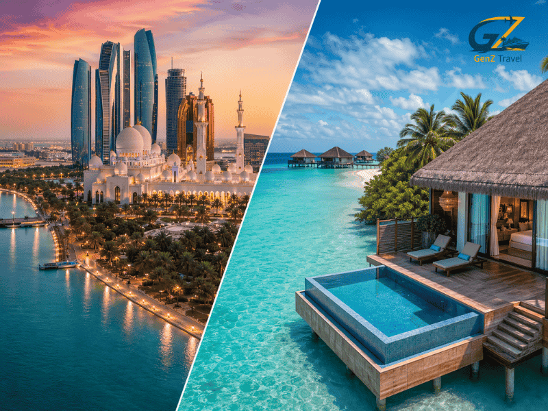 Abu Dhabi Maldives twin centre holiday showing skyline of Abu Dhabi and luxury overwater villa in Maldives