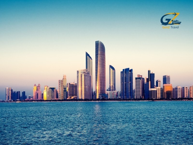 Sheikh Zayed Grand Mosque and skyline in Abu Dhabi during sunset
