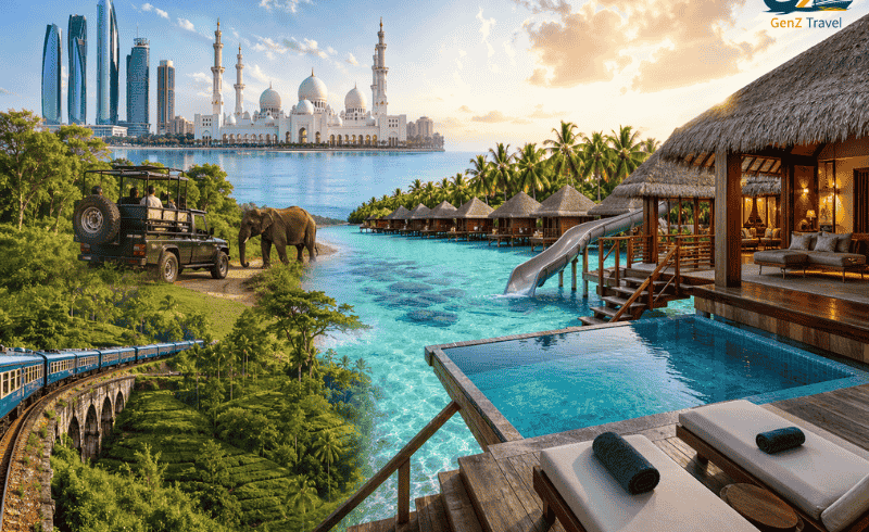 Luxury multi-destination holiday featuring Abu Dhabi skyline, Sri Lanka safari and tea hills, and Maldives water villa resort