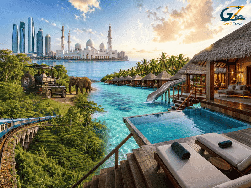 Luxury multi-destination holiday featuring Abu Dhabi skyline, Sri Lanka safari and tea hills, and Maldives water villa resort