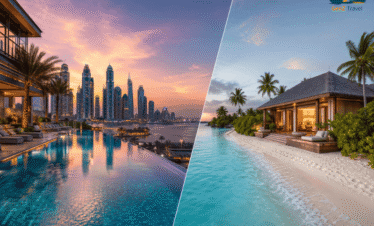 Adaaran Select Meedhupparu Maldives and Aloft Palm Jumeirah Dubai package twin centre holiday beach villa and skyline view
