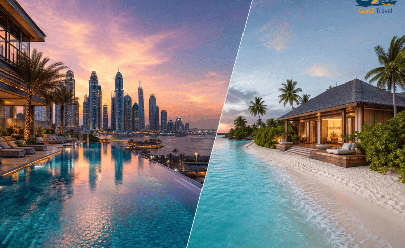Adaaran Select Meedhupparu Maldives and Aloft Palm Jumeirah Dubai package twin centre holiday beach villa and skyline view