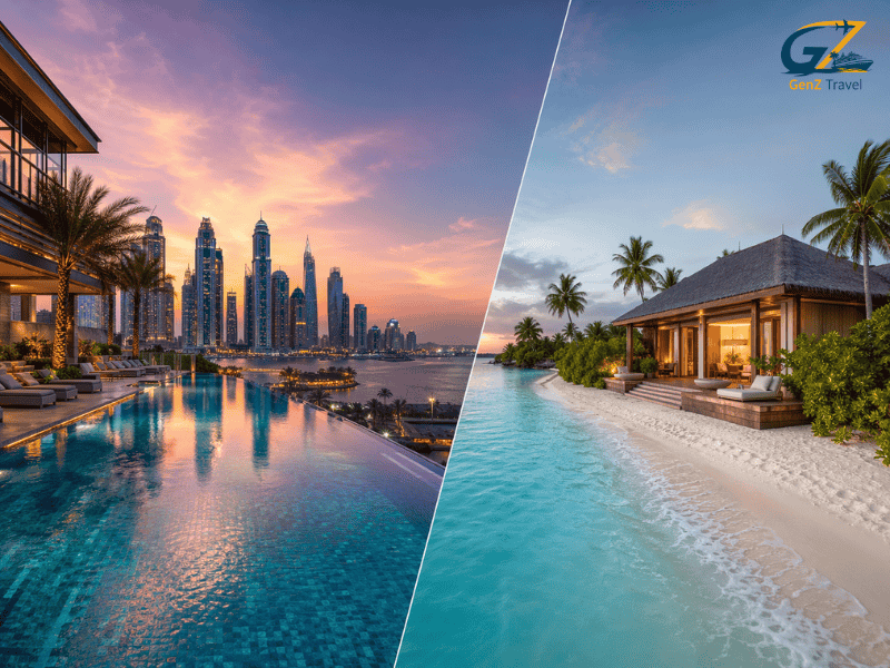 Adaaran Select Meedhupparu Maldives and Aloft Palm Jumeirah Dubai package twin centre holiday beach villa and skyline view