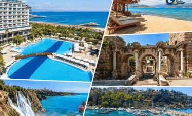 Antalya all inclusive holiday 2026 collage showing Lara Beach resort, Düden Waterfalls, Hadrian’s Gate, and Antalya marina