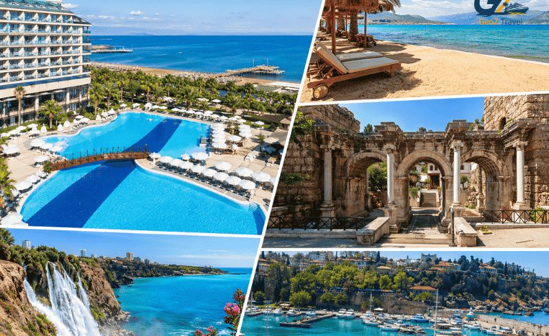 Antalya all inclusive holiday 2026 collage showing Lara Beach resort, Düden Waterfalls, Hadrian’s Gate, and Antalya marina