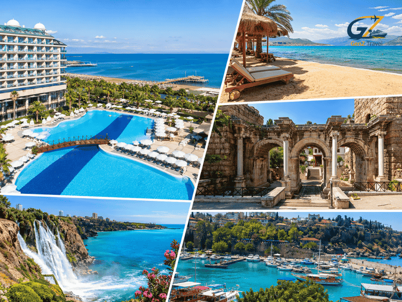 Antalya all inclusive holiday 2026 collage showing Lara Beach resort, Düden Waterfalls, Hadrian’s Gate, and Antalya marina