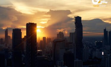 Bangkok skyline with Grand Palace and Chao Phraya River during sunset Thailand holiday