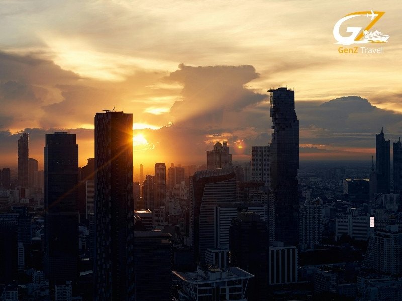 Bangkok skyline with Grand Palace and Chao Phraya River during sunset Thailand holiday