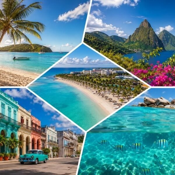 Caribbean tours from UK featuring Jamaica, Barbados, St Lucia and Bahamas tropical beaches in a split island collage