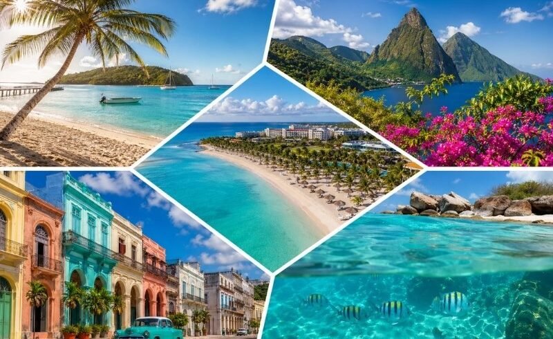 Caribbean tours from UK featuring Jamaica, Barbados, St Lucia and Bahamas tropical beaches in a split island collage