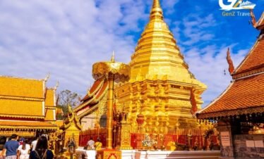 Wat Phra That Doi Suthep temple overlooking Chiang Mai mountains at sunrise