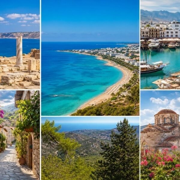 Cyprus holidays collage showing Paphos ruins, Ayia Napa beaches, Kyrenia harbour, Troodos mountains and traditional village streets