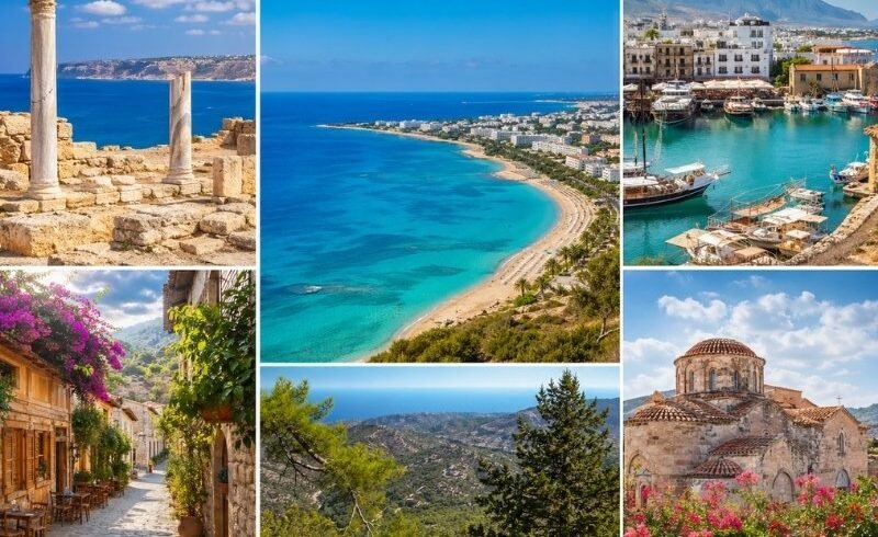 Cyprus holidays collage showing Paphos ruins, Ayia Napa beaches, Kyrenia harbour, Troodos mountains and traditional village streets