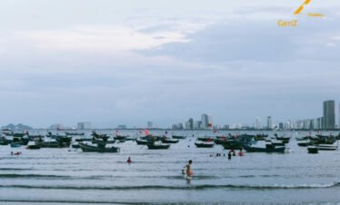Da Nang My Khe Beach coastline with modern skyline Vietnam beach holiday