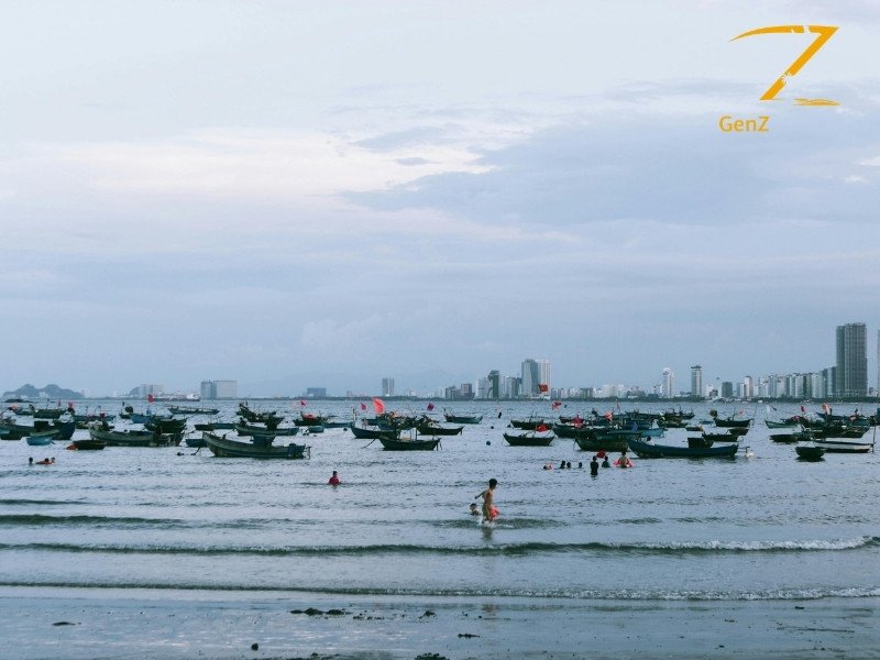 Da Nang My Khe Beach coastline with modern skyline Vietnam beach holiday